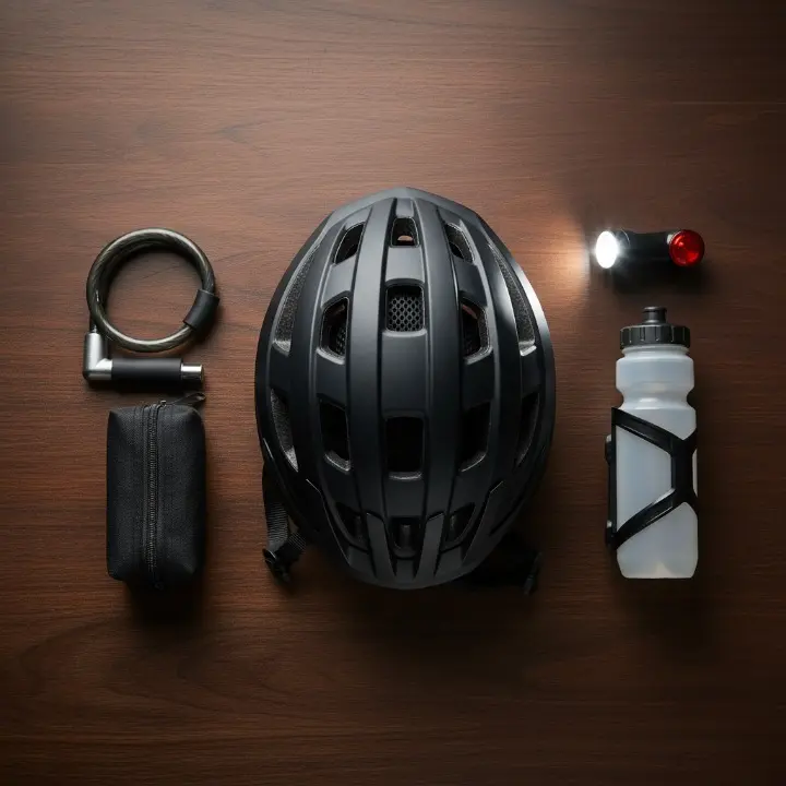 Essential cycle accessories including helmets, locks, and lights neatly displayed at a bike shop in Secunderabad.