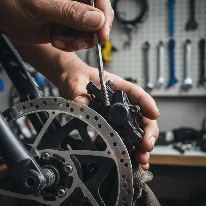 An expert bicycle mechanic at Deccan Cycle Mart in Secunderabad precisely adjusting the brake system on a modern bicycle.