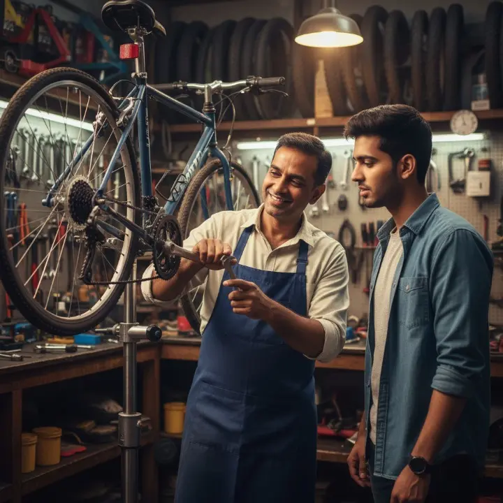 Experienced mechanic at Deccan Cycle Mart in Bollaram provides on-the-spot repair and service for a customer's bicycle.